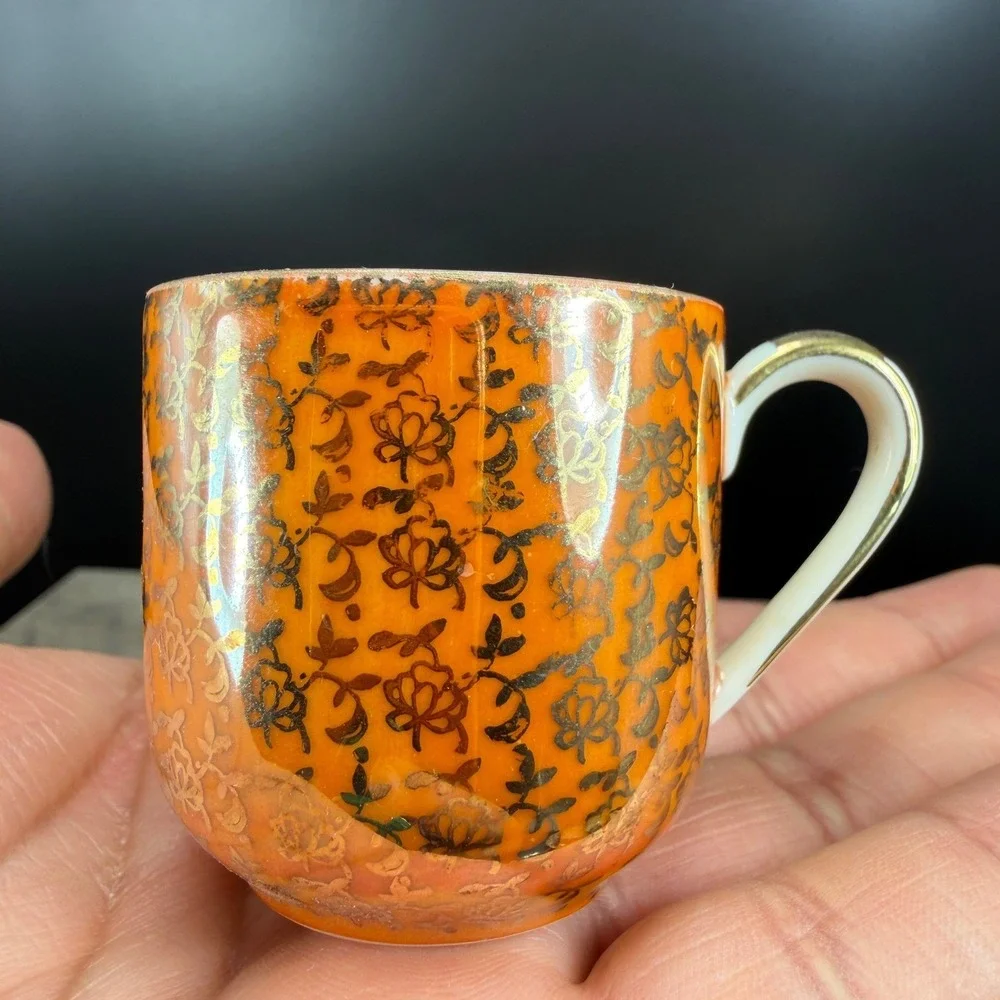 Alka Bavaria Germany Demitasse Cup Saucer‎ Set Orange Luster Gold Filigree VTG